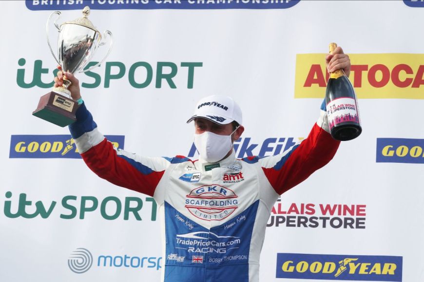 Bobby Thompson, TradePriceCars Racing BTCC with Jack Sears Trophy on podium