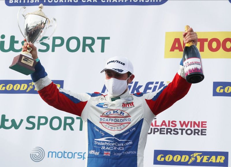 Bobby Thompson, TradePriceCars Racing BTCC with Jack Sears Trophy on podium